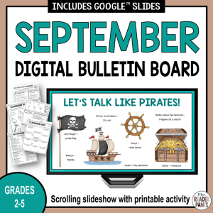 Let's Talk Like a Pirate slide with 3 pages of printables and text: Grades 2-5.