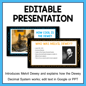 Two slides from presentation introducing Melvil Dewey. Text: Editable Presentation