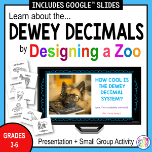 7 black and white animal card images with name underneath and 1 slide from presentation. Text: Learn about the Dewey Decimals by Designing a Zoo