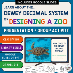 Dewey Decimal slide on monitor with cards and text: classifying, library skills, Google Slides or PowerPoint, grades 3-6.