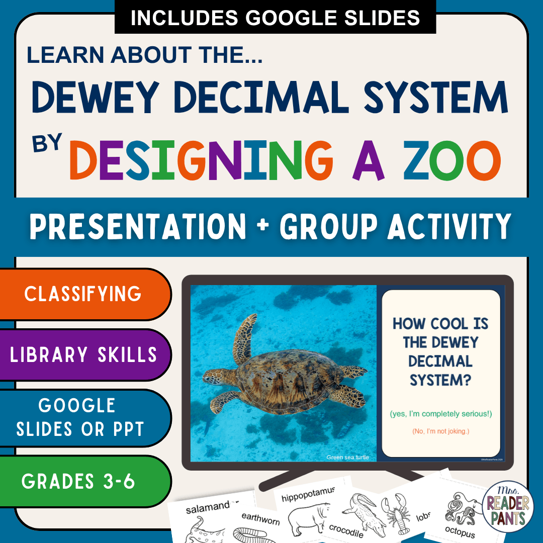 Dewey Decimal slide on monitor with cards and text: classifying, library skills, Google Slides or PowerPoint, grades 3-6.