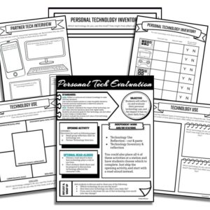 Printable technology inventory, tech use, evaluation, and partner interview sheets.