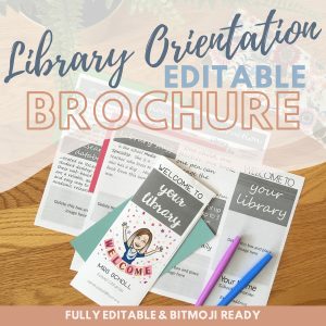 Printed brochures on a wooden table with text: Fully editable and Bitmoji ready.