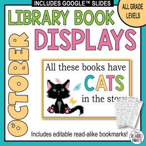National Cat Day poster sample with text: All Grade Levels; Includes editable read-alike bookmarks!