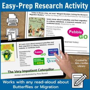 Butterflies research activity on a printed half-sheet and on a tablet with text: Easy-Prep Research Activity, works with any read-aloud about butterflies or migration.