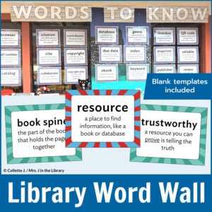 School library vocabulary words and definitions on a wall with text: Library Word Wall and Blank Templates Included.