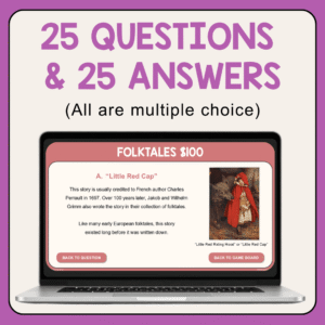 Folktales question slide on laptop with text: 25 questions and answers; All are multiple choice.