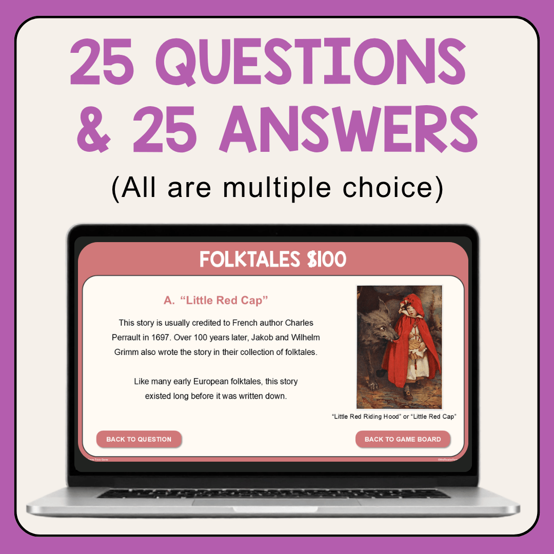 Folktales question slide on laptop with text: 25 questions and answers; All are multiple choice.