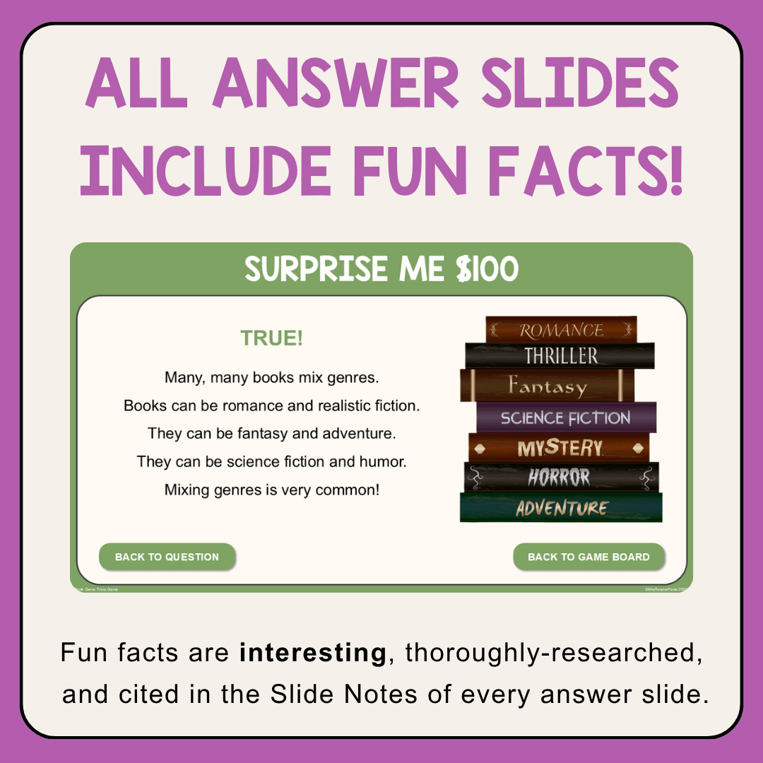 Surprise me category slide with text: All answer slides include thoroughly researched fun facts, and cited in the Slide Notes of every answer slide.