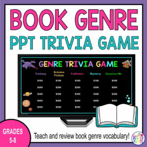 Book Genre Trivia Game slide on monitor with text: Grades 5-8; Teach and review book genre vocabulary.