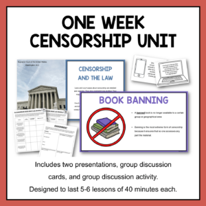 Censorship and the law, and book banning slides with text: One Week Censorship Unit.