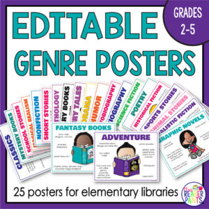 Editable genre posters for grades 2-5. 25 posters for elementary libraries with screenshots of samples.