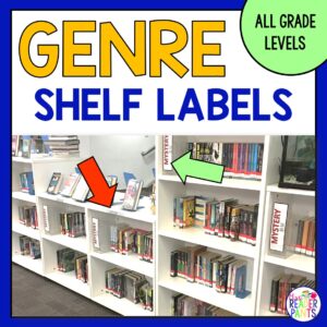 Library shelves arranged by genre with text: All Grade Levels.