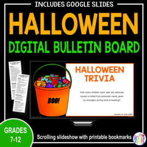 Halloween trivia slide with 2 bookmarks of Recommended Reads and text: Grades 7-12.
