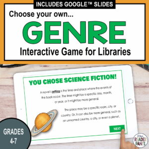 Choose your own genre interactive game for libraries with image of sample slide. Grades 4-7.