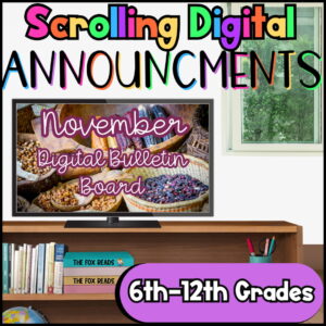 Computer monitor on a bookshelf showing baskets of food, with text: 6th through 12th grades.