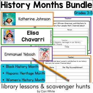 Cards featuring books about and by Hispanic, Black, and women authors for Black History Month, Hispanic Heritage Month, and Women's History Month for grades 3-5.