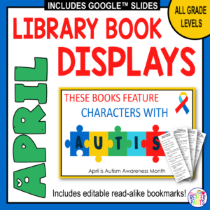 Characters with Autism poster sample with text: All Grade Levels; Includes editable read-alike bookmarks.