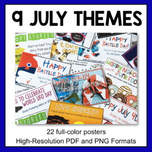 9 July themed full-color posters with text: high-resolution PDF and PNG formats.