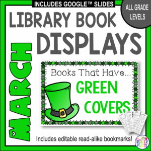 All grade levels March library book displays, includes editable read-alike bookmarks. Image of sample poster and 4 bookmarks.