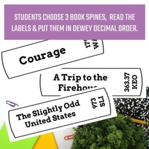3 paper book "spines" for students to read the labels and put them in Dewey decimal order.