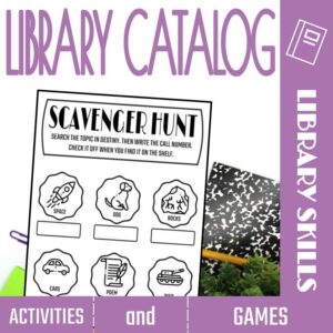 Printable scavenger hunt with text: Library skills activities and games.