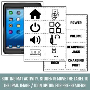 2 versions of printable sorting mat activity for students to move the label to the iPad or tablet. One version has icons for pre-readers.