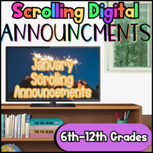 Computer monitor on a bookshelf showing hands holding firework sparklers, with text: 6th through 12th grades.