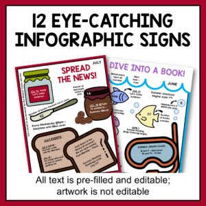 12 eye-catching infographic signs. All text is pre-filled and editable; artwork is not editable.