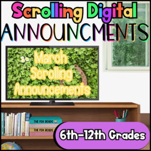 Computer monitor on a bookshelf showing green clovers, with text: 6th through 12th grades.