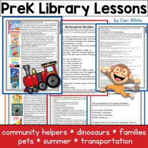 6 pages of activities, songs, discussion questions, and book lists with text: community helpers, dinosaurs, families, pets, summer, transportation.