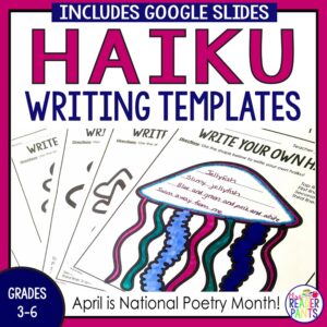 Printed jellyfish haiku template with text: Grades 3-6 and April is National Poetry Month.
