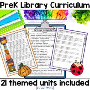 21 themed Pre-K Library Curriculum units with a clipboard, markers, and notebooks.