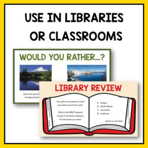 Would your rather question and library review slides with text: Use in libraries or classrooms.