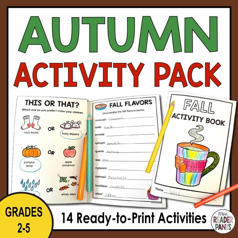 Autumn or fall-themed printable activity sheets with colored pencils and text: 14 Ready-to-Print Activities.