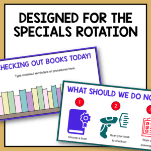Book checkout and directions slides with text: Designed for the specials rotation.
