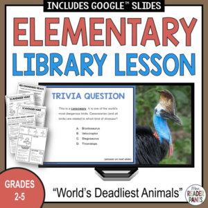 Trivia question slide on monitor with recommended reads and scavenger hunts with text: Grades 2-5.