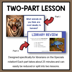 Class question and library review slides with text: Two-Part Lesson.