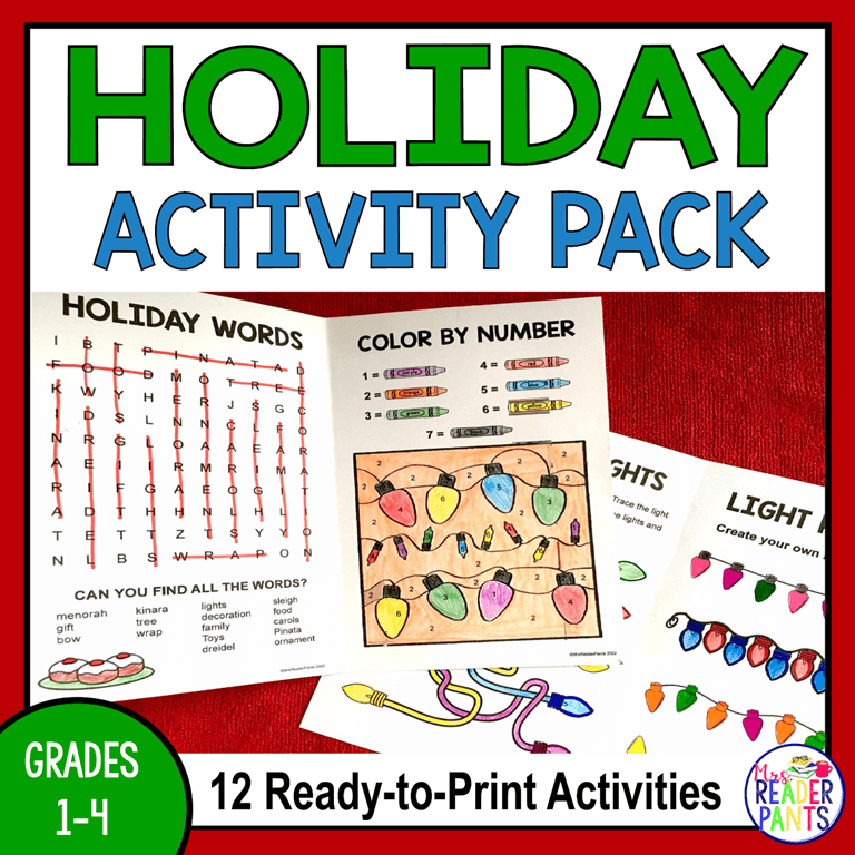 December holiday-themed printable activity sheets on a red cloth with text: 12 Ready-to-Print Activities.
