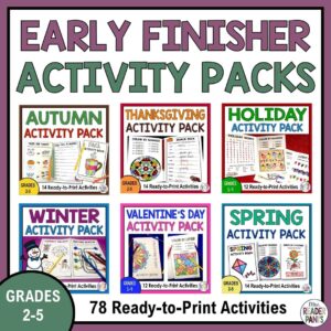 78 ready-to-print activities for autumn, winter, spring, Thanksgiving, December holidays, and Valentine's Day, with text: Grades 2-5.