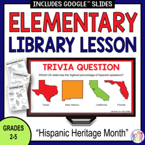 Trivia question slide on monitor with recommended reads and scavenger hunts with text: Grades 2-5.
