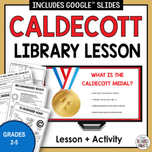 What is the Caldecott Medal intro slide on monitor with recommended reads and scavenger hunts with text: Grades 2-5.