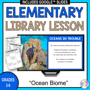 Oceans in Trouble slides on monitor with printable scavenger hunts and text: Grades 3-6.