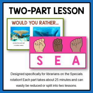 Would You Rather question and sign language fingerspelling "sea" slides with text: Two-Part Lesson.