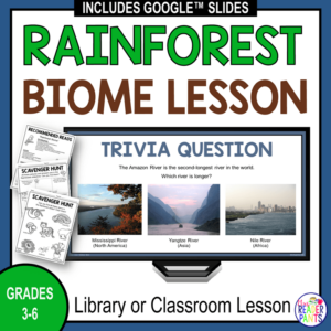 Trivia question slide on monitor with printable scavenger hunts and text: Grades 3-6.
