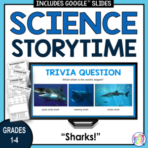 Trivia question slide on monitor with recommended reads and scavenger hunts with text: Grades 1-4.