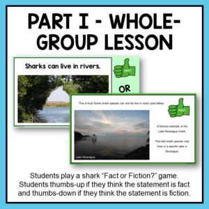 True or false question and answer slides with text: Part 1, Whole Group Lesson.