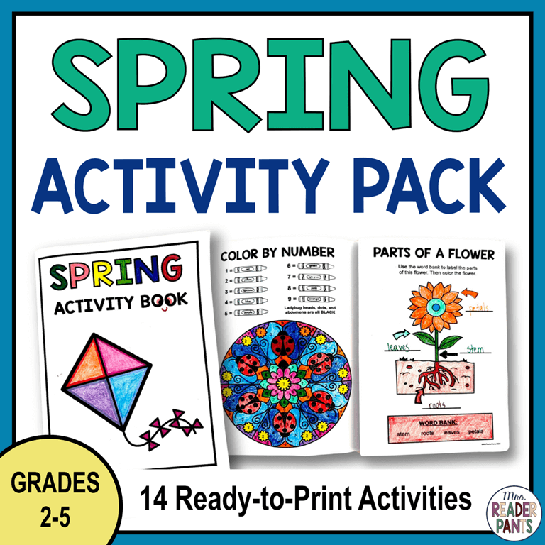 Spring-themed printable activity sheets with text: 14 Ready-to-Print Activities.