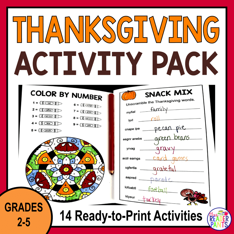 Thanksgiving-themed printable activity sheets on a table with a colored pencil and text: 14 Ready-to-Print Activities.