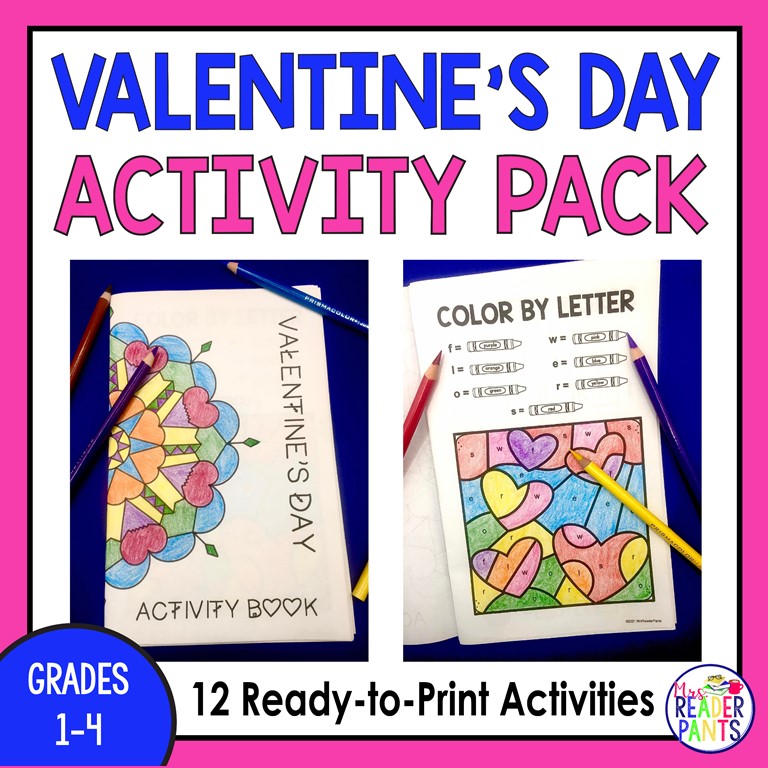Valentine's Day-themed printable activity sheets on a black tablecloth with colored pencils and text: 12 Ready-to-Print Activities.
